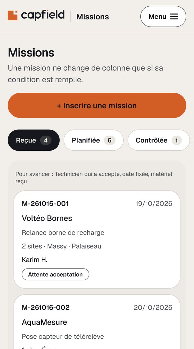 Écran Missions de l'application CapField : missions reçues, planifiées et contrôlées